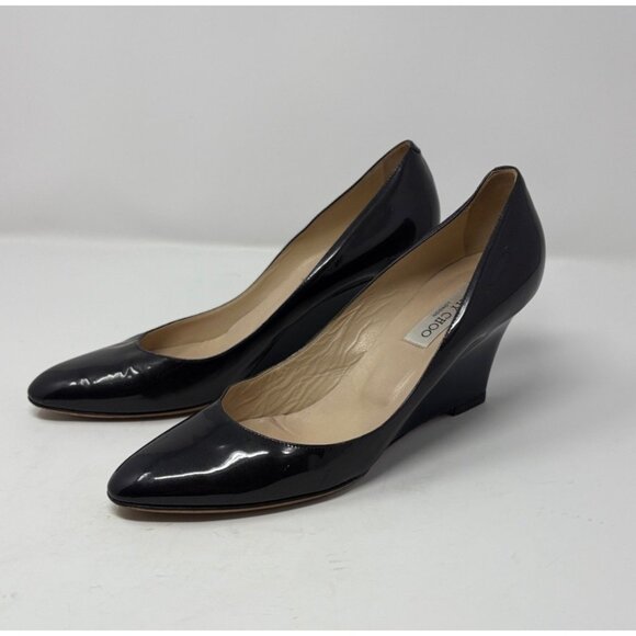 Jimmy Choo Shoes - Jimmy Choo Gilbert Black Navy Patent Leather Almond Toe Wedge Heel Pumps